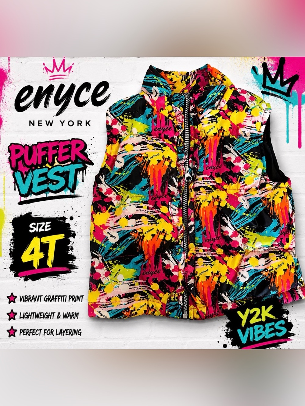 Enyce New York 🔥 Puffer Vest Toddler Girls 4T Colorful Retro Streetwear Kids